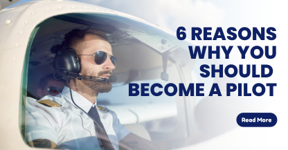 A pilot in a headset and sunglasses in the cockpit beside the words 6 reasons why you should become a pilot