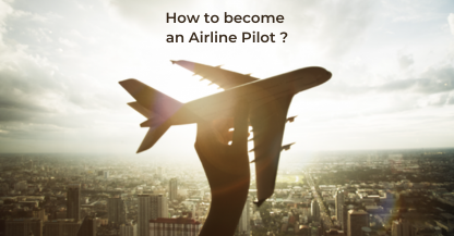 A hand holding up an airliner silhouette against a city skyline, with the question: how to become an airline pilot?